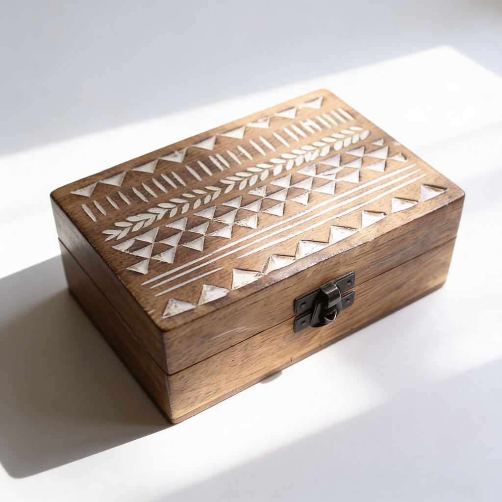 Boîte en bois délavée blanc - 15x10cm design Aztec