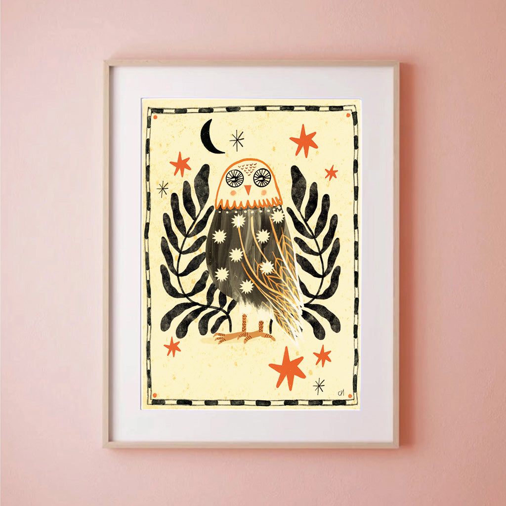 Illustration numérique A4 "Hibou folklorique"