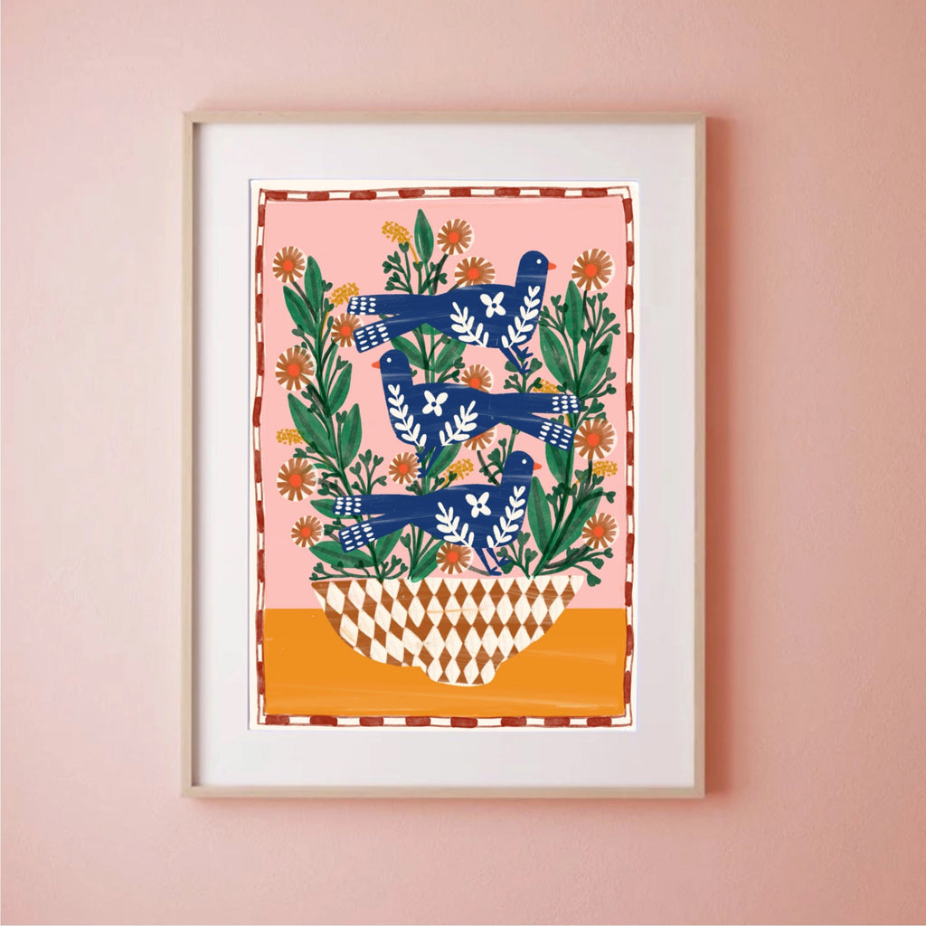 Illustration numérique A4 "Oiseaux et fleurs folkloriques"
