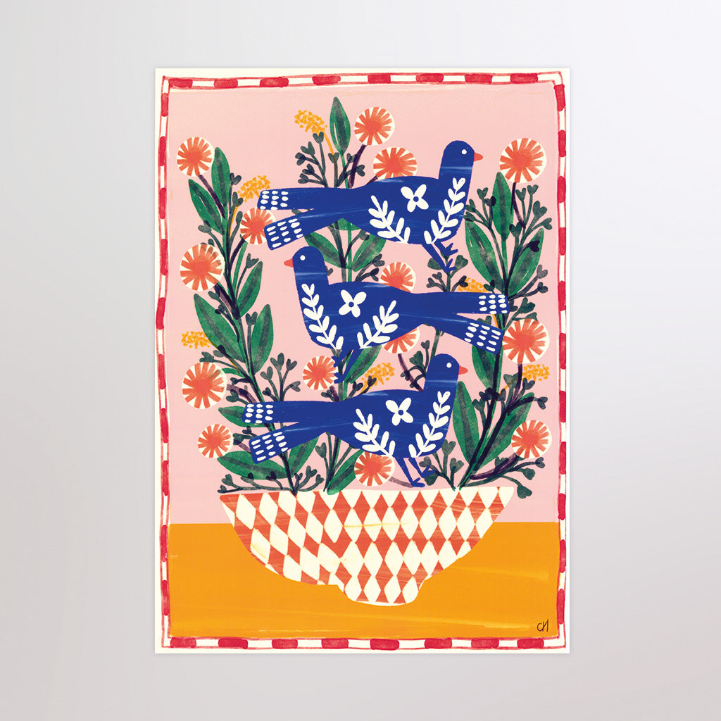 Illustration numérique A4 "Oiseaux et fleurs folkloriques"