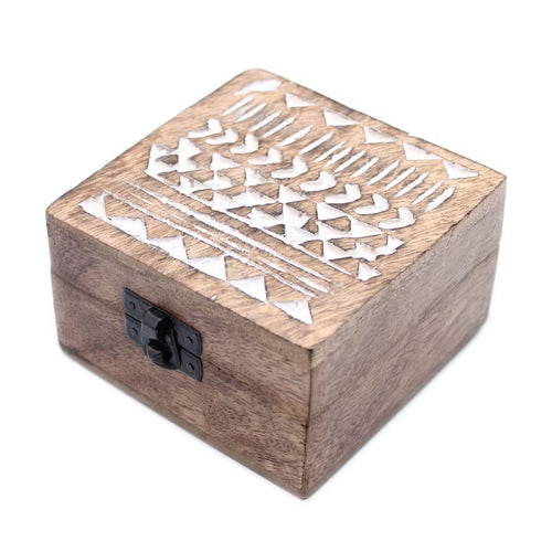 Boîte en bois délavée blanc - 10x10cm design Aztec