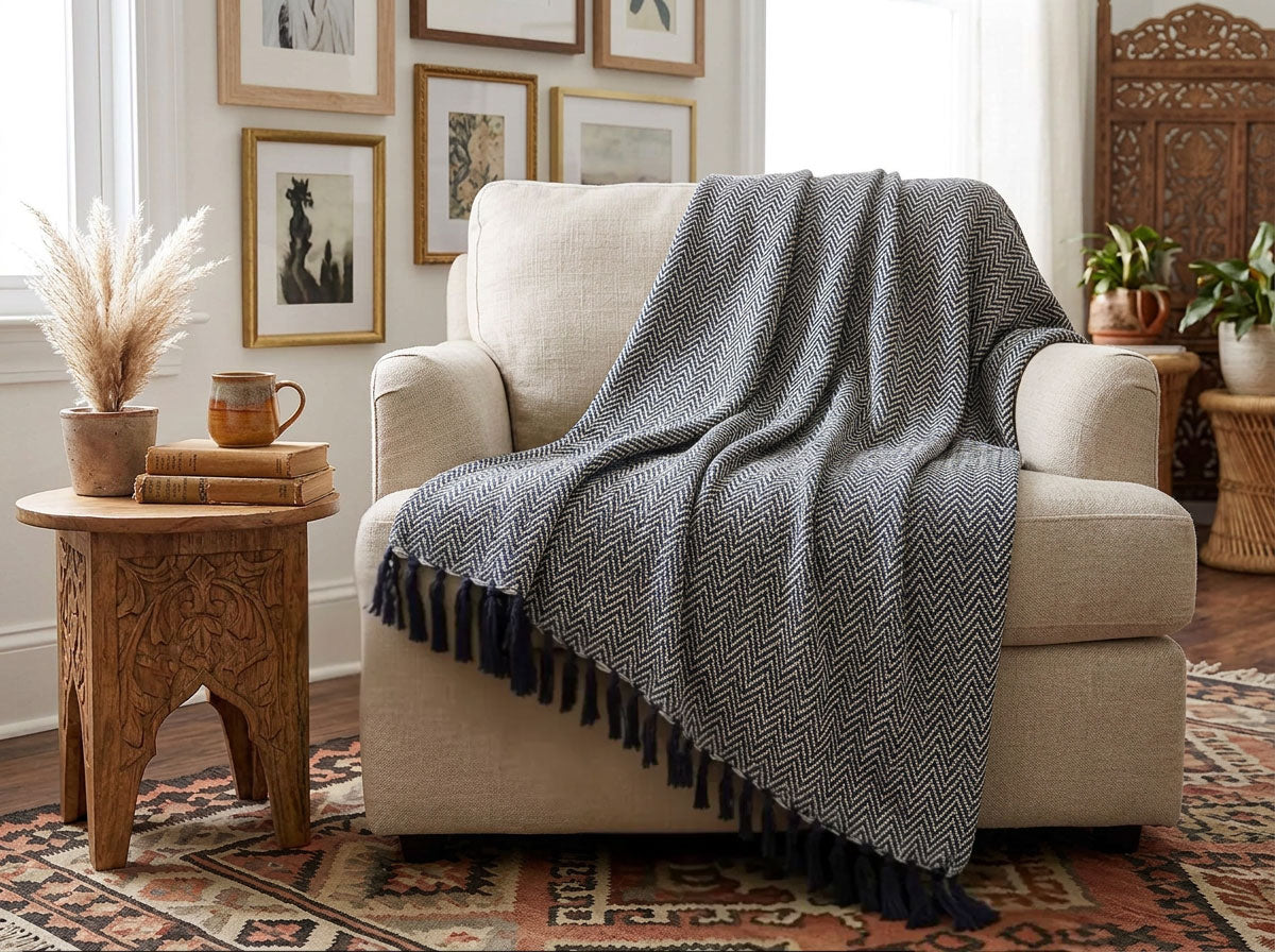 Plaid bohème zigzag marine